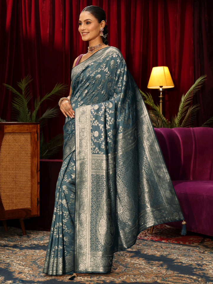 Libas Blue Floral Woven Design Silk Blend Saree