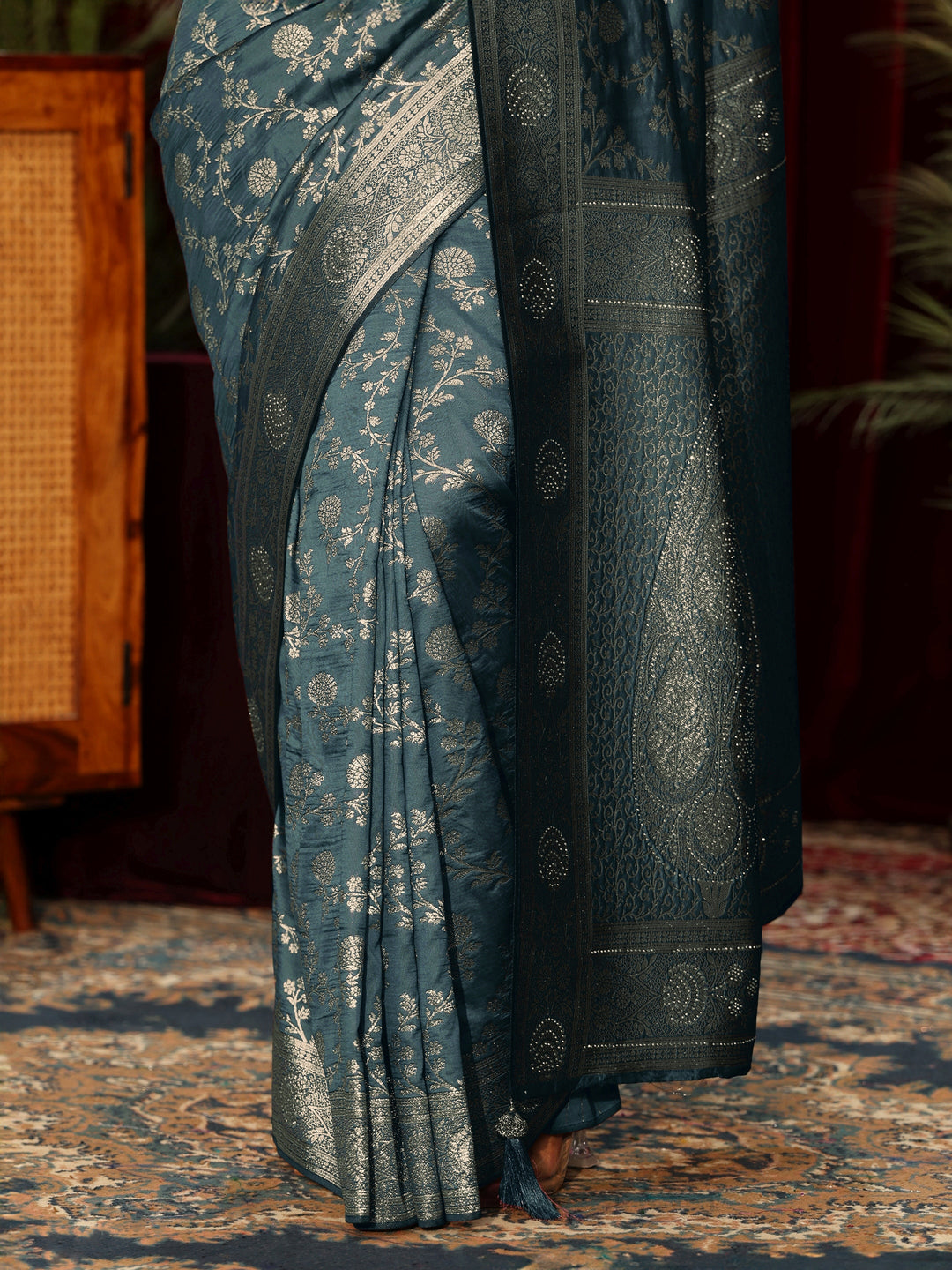 Libas Blue Floral Woven Design Silk Blend Saree