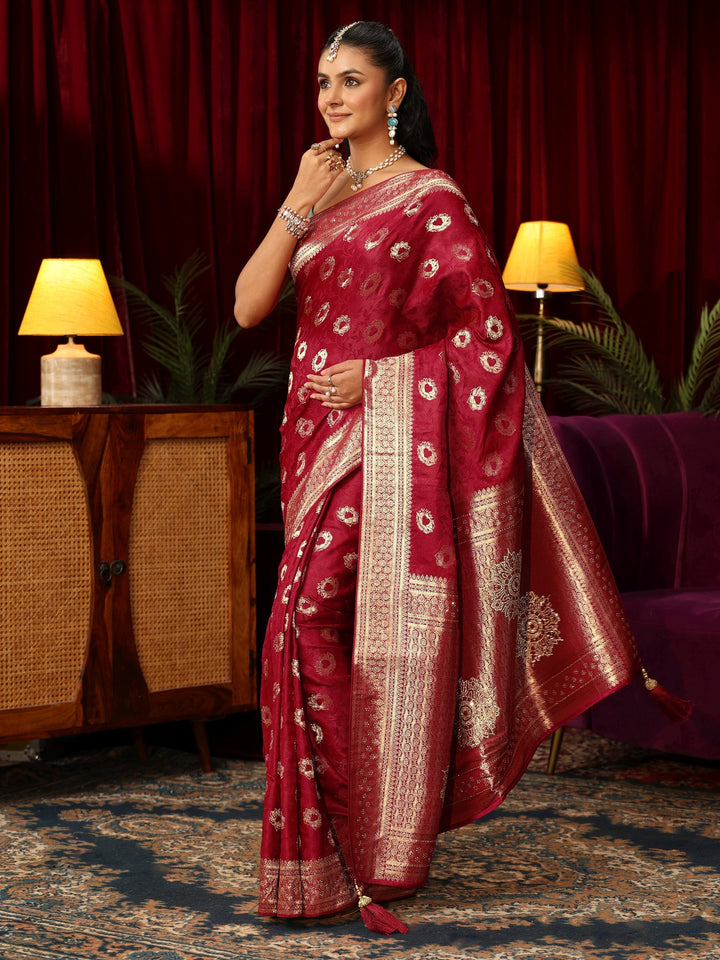 Libas Ruby Red Floral Woven Design Satin Saree with Stone Work