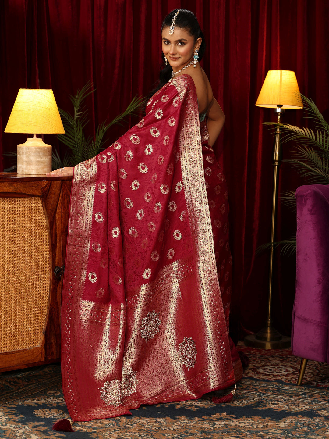 Libas Ruby Red Floral Woven Design Satin Saree with Stone Work