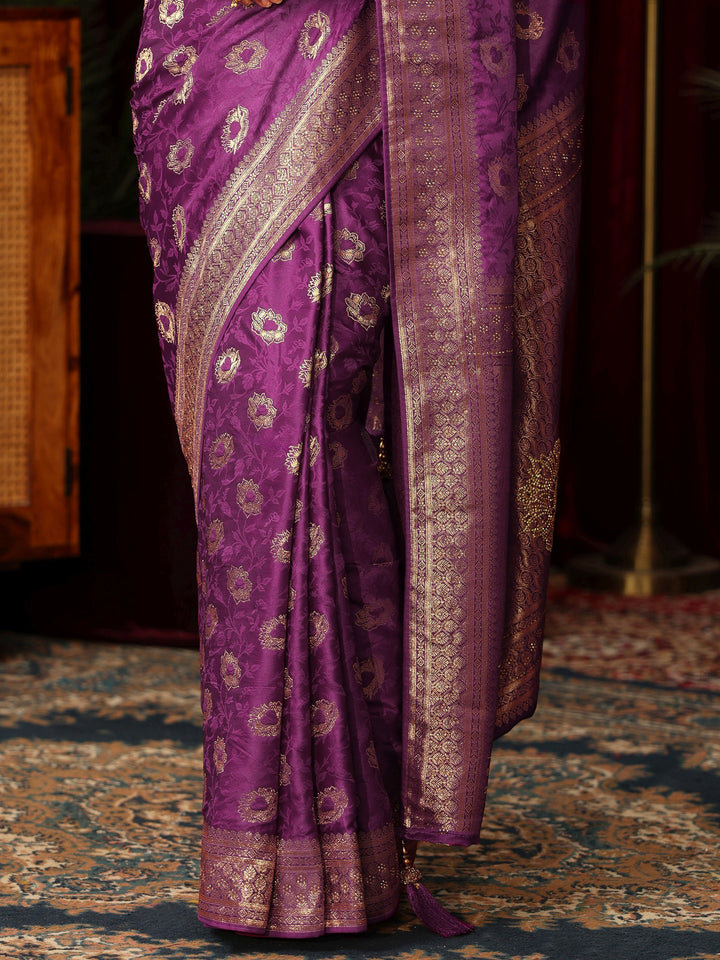 Libas Plum Purple Floral Woven Design Satin Saree with Stone Work