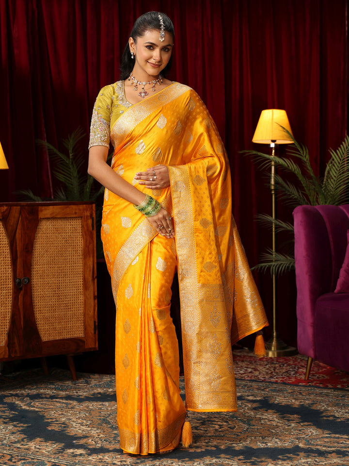 Libas Yellow Woven Design Satin Saree with Stone Work