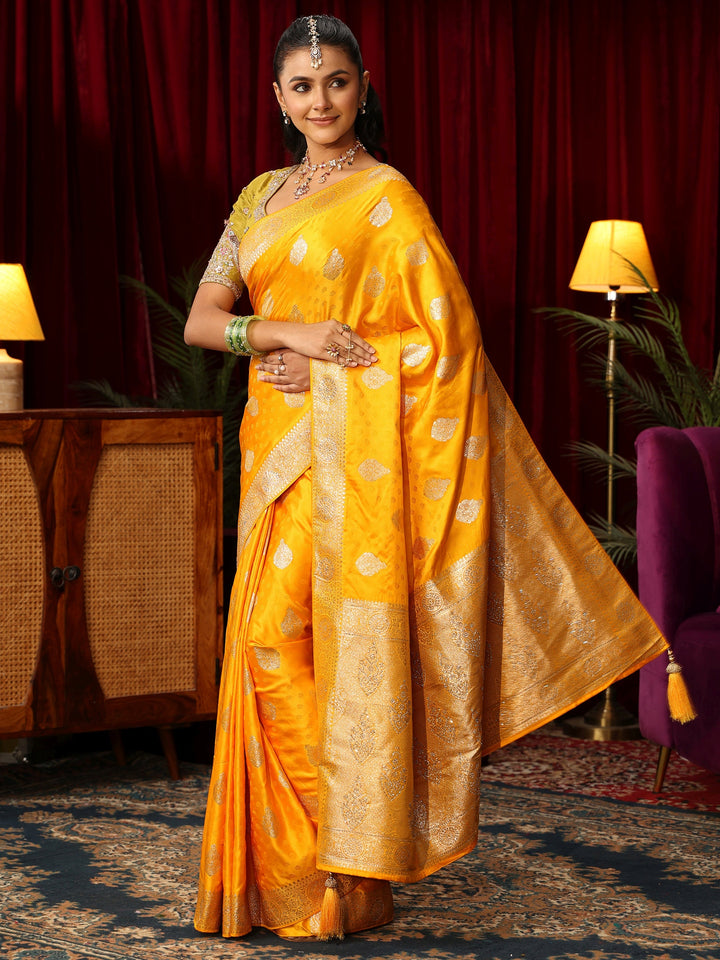 Libas Yellow Woven Design Satin Saree with Stone Work