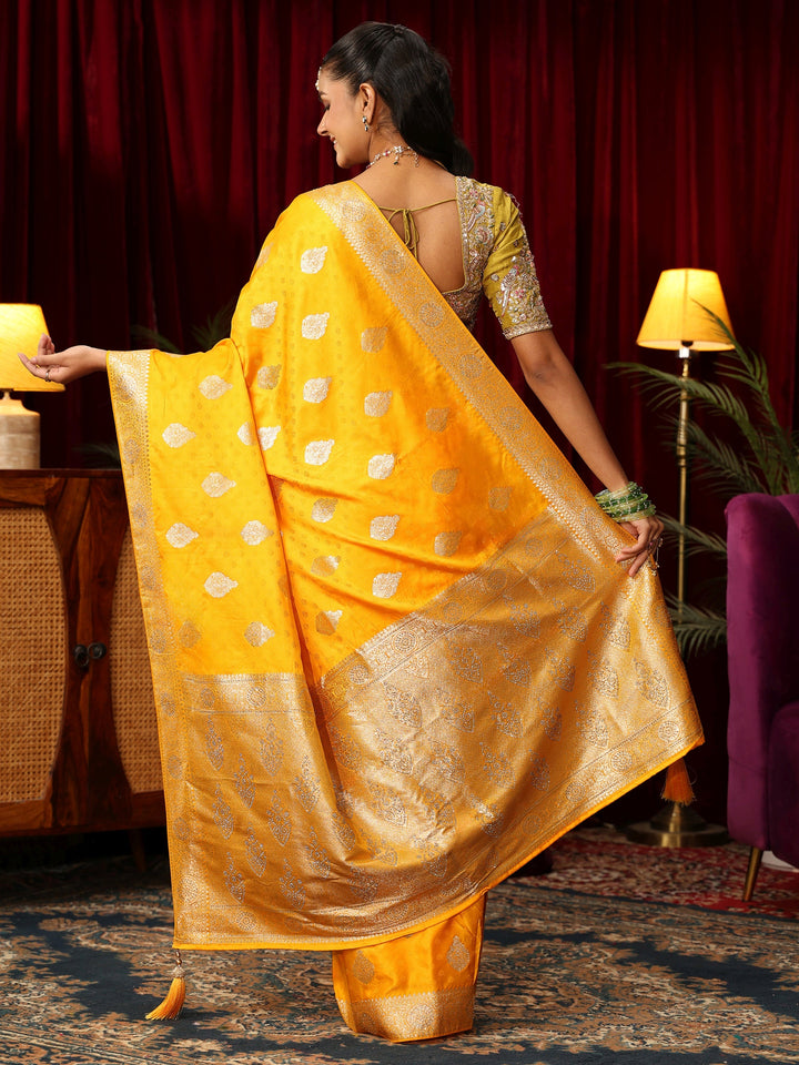 Libas Yellow Woven Design Satin Saree with Stone Work