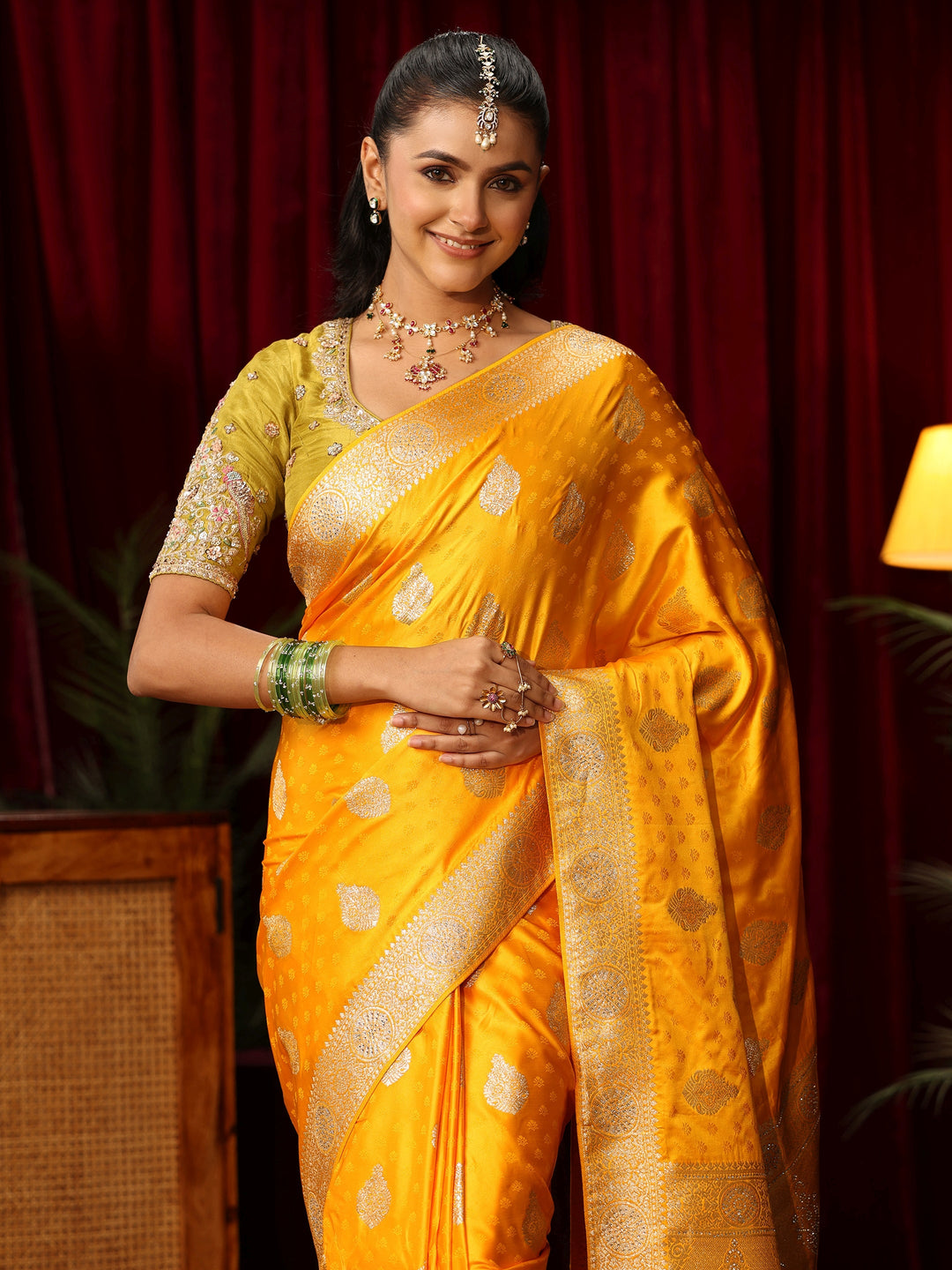 Libas Yellow Woven Design Satin Saree with Stone Work