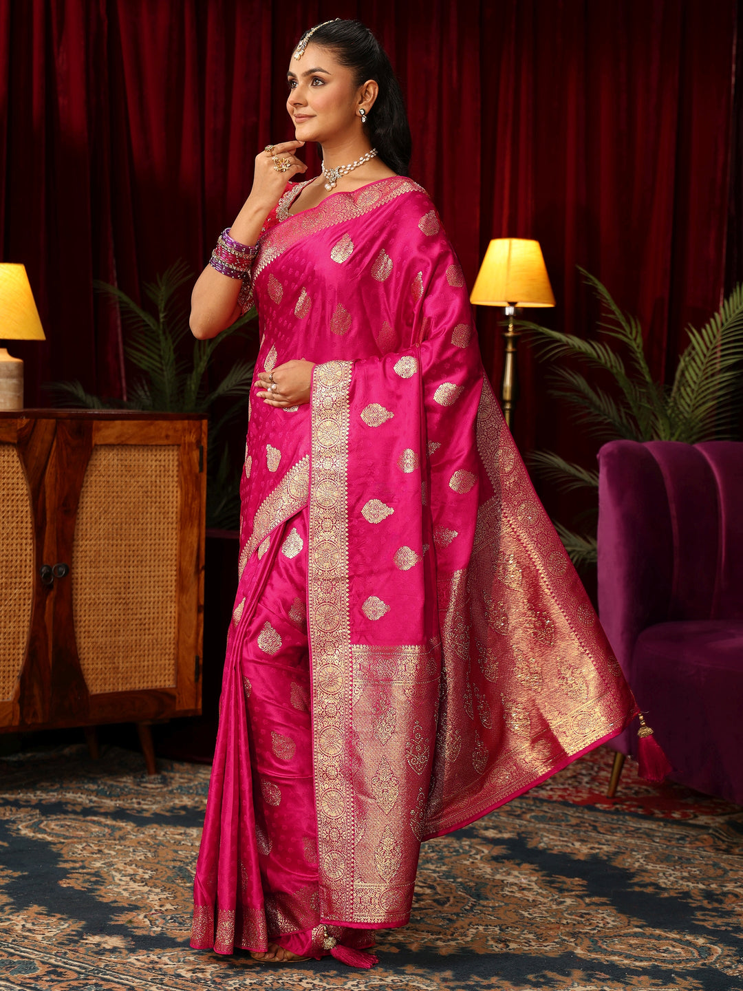 Libas Rani Pink Woven Design Satin Saree with Stone Work