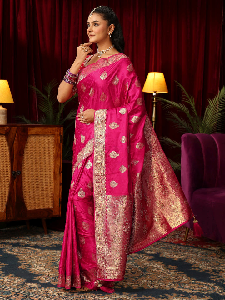 Libas Rani Pink Woven Design Satin Saree with Stone Work