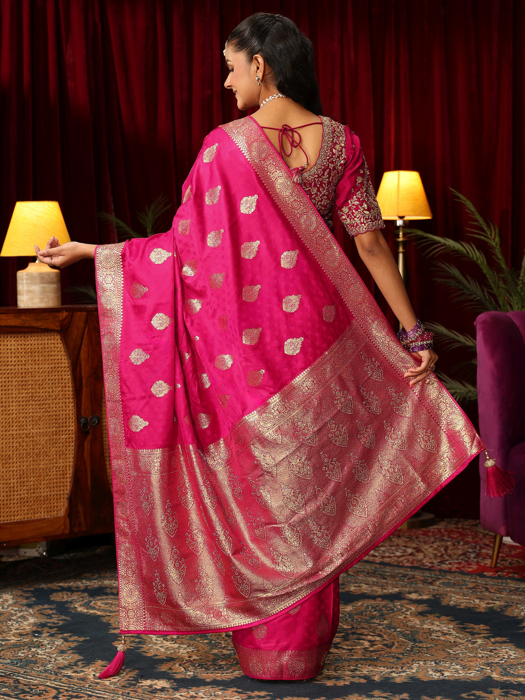 Libas Rani Pink Woven Design Satin Saree with Stone Work