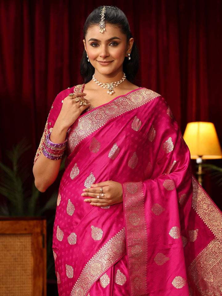 Libas Rani Pink Woven Design Satin Saree with Stone Work