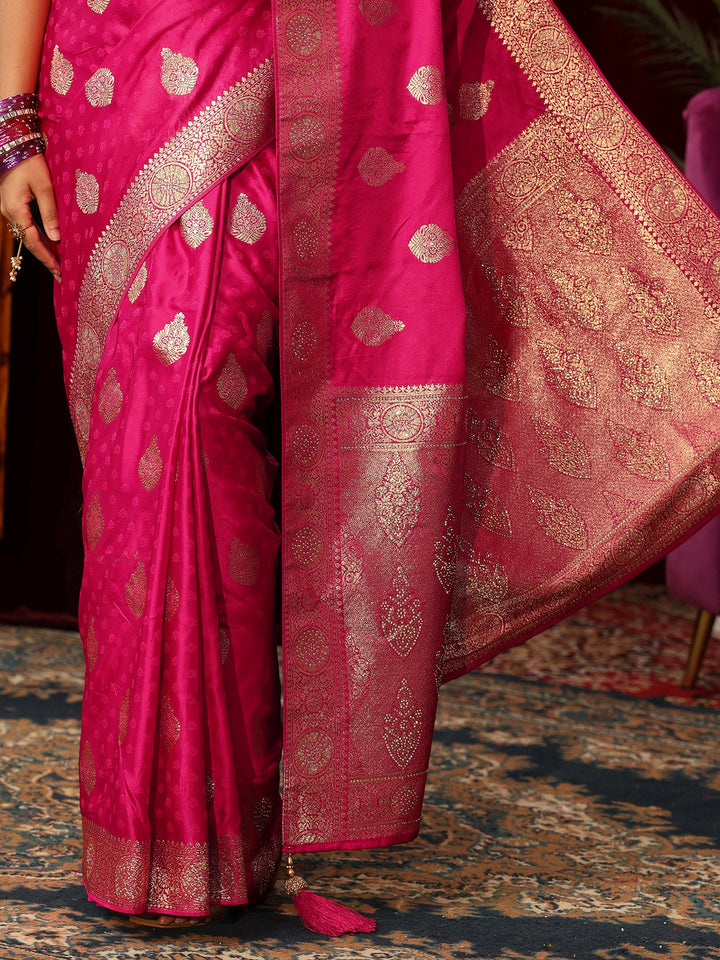 Libas Rani Pink Woven Design Satin Saree with Stone Work