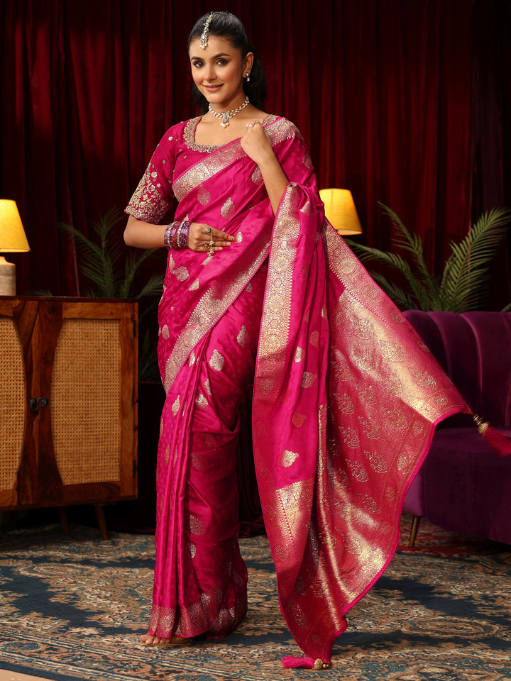 Libas Rani Pink Woven Design Satin Saree with Stone Work