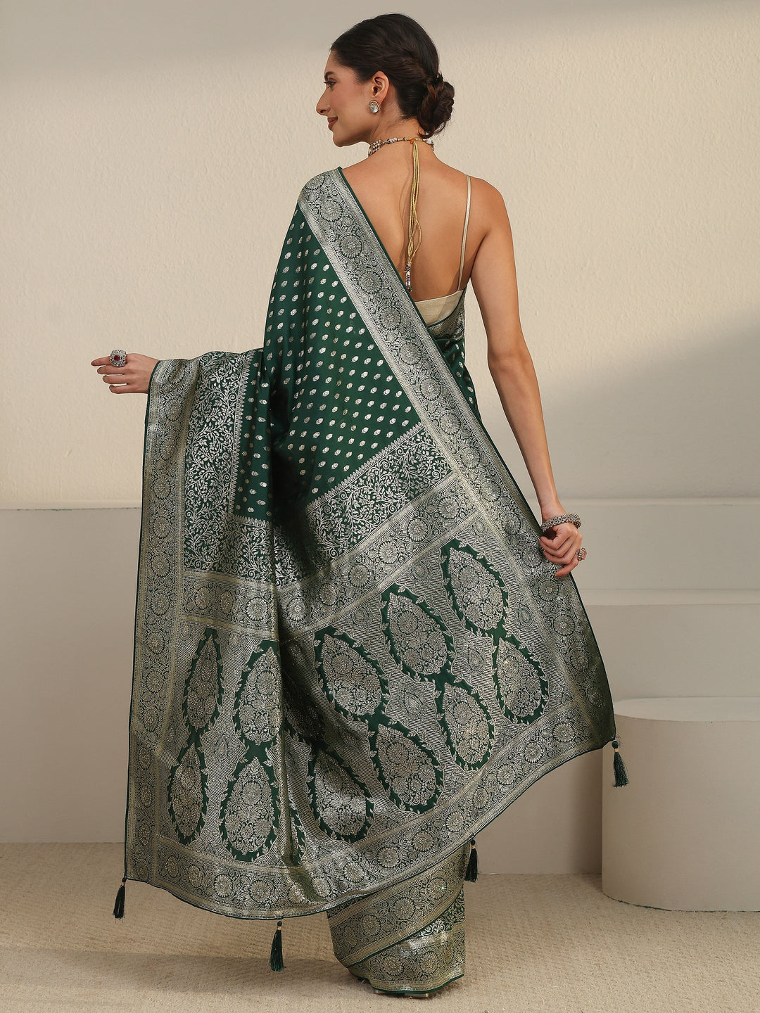 Libas Bottle Green Banarasi Silk Blend Saree