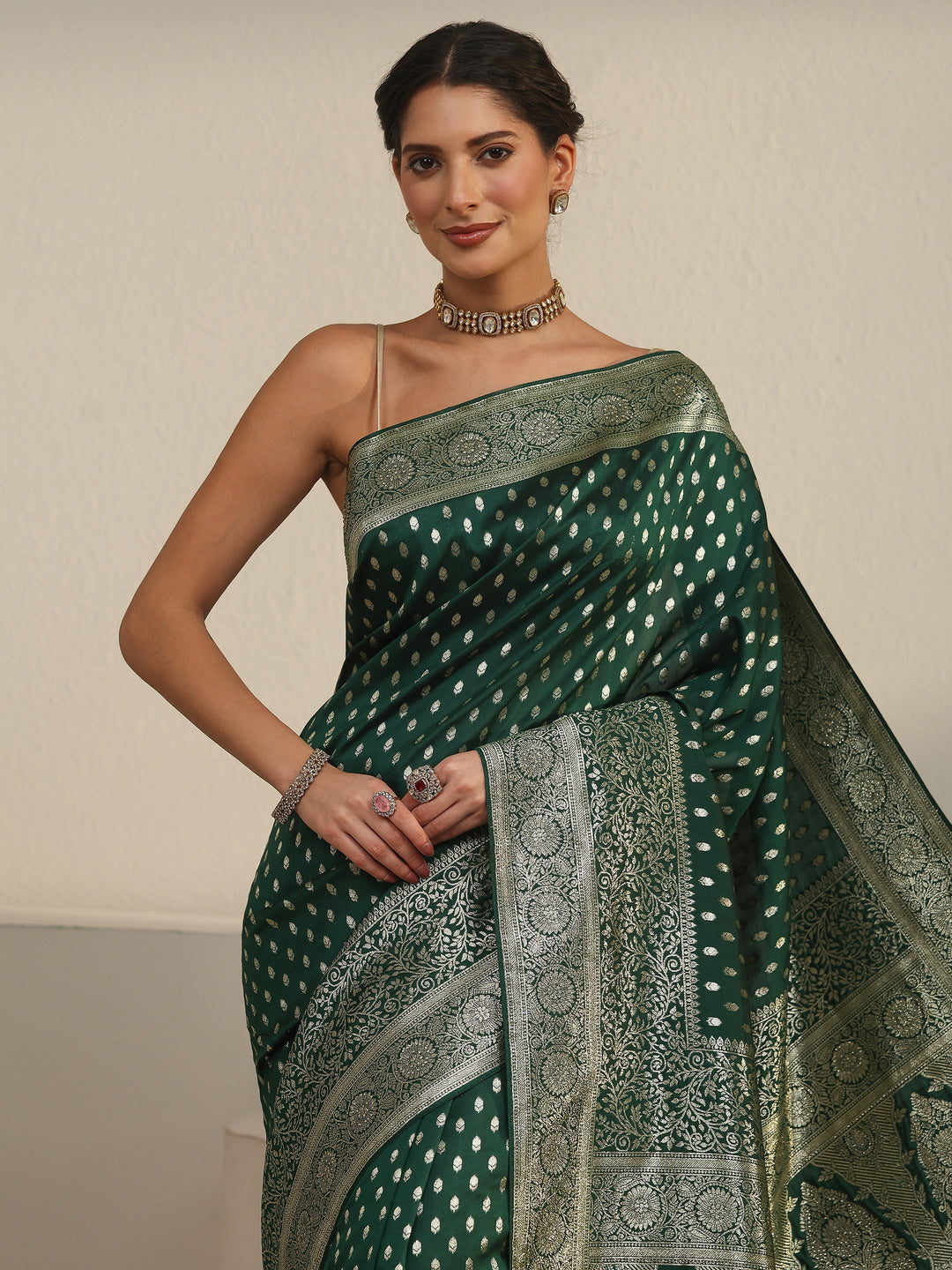 Libas Bottle Green Banarasi Silk Blend Saree