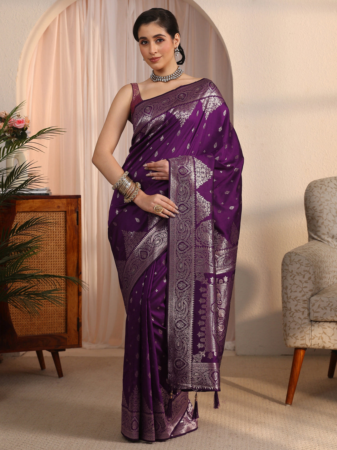 Libas Purple Ethnic Woven Design Silk Blend Saree
