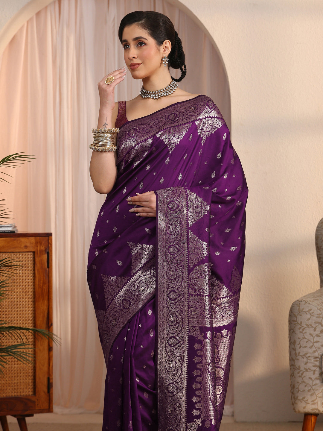 Libas Purple Ethnic Woven Design Silk Blend Saree
