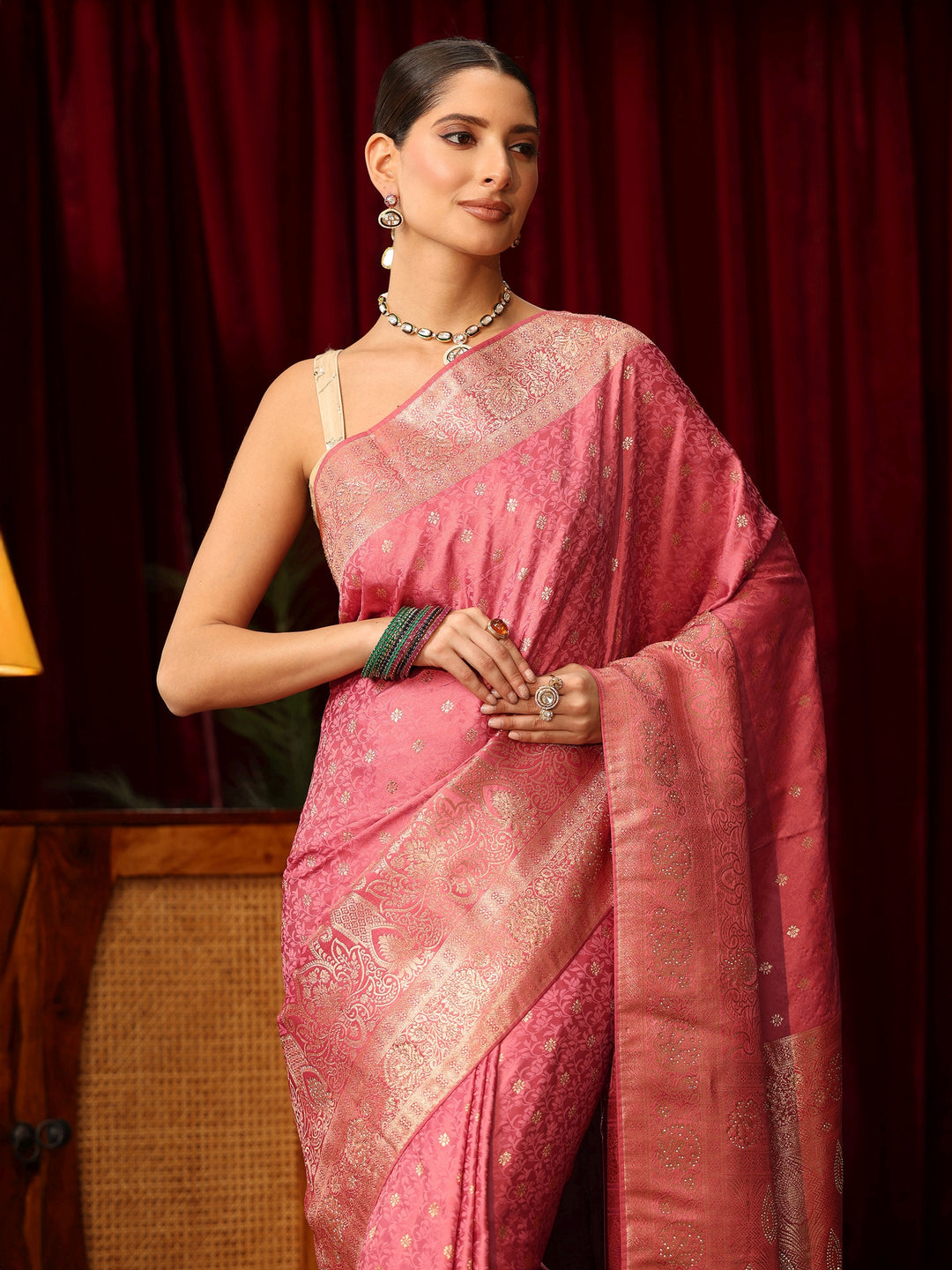 Libas Pink Floral Woven Design Satin Saree with Embellished Pallu