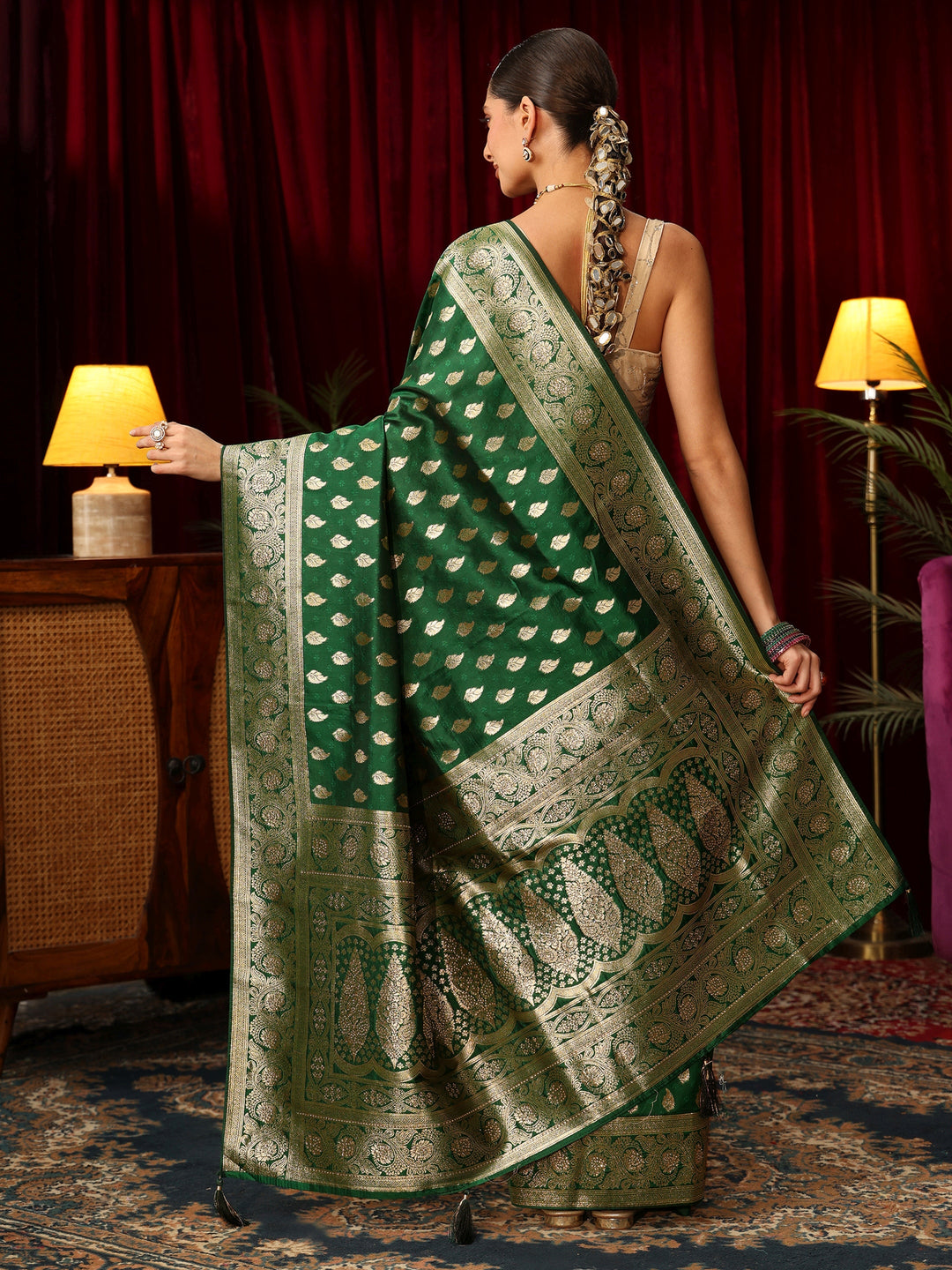 Libas Bottle Green Banarasi Silk Blend Saree with Stone Work