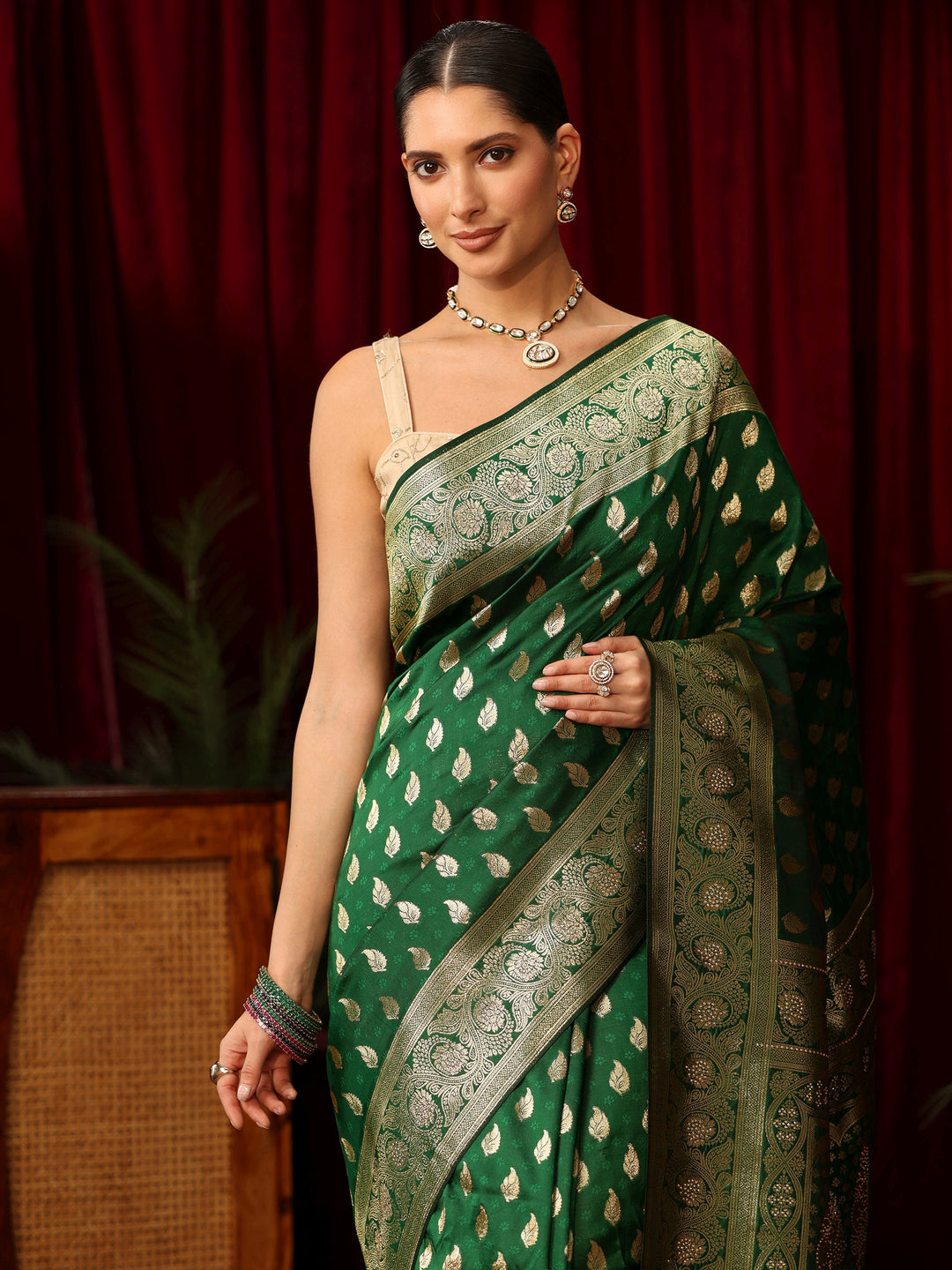 Libas Bottle Green Banarasi Silk Blend Saree with Stone Work
