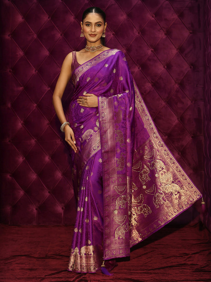 Libas Purple Elephant Woven Design Satin Saree