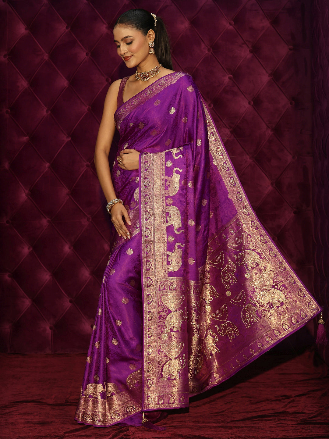 Libas Purple Elephant Woven Design Satin Saree