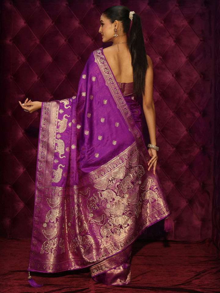 Libas Purple Elephant Woven Design Satin Saree