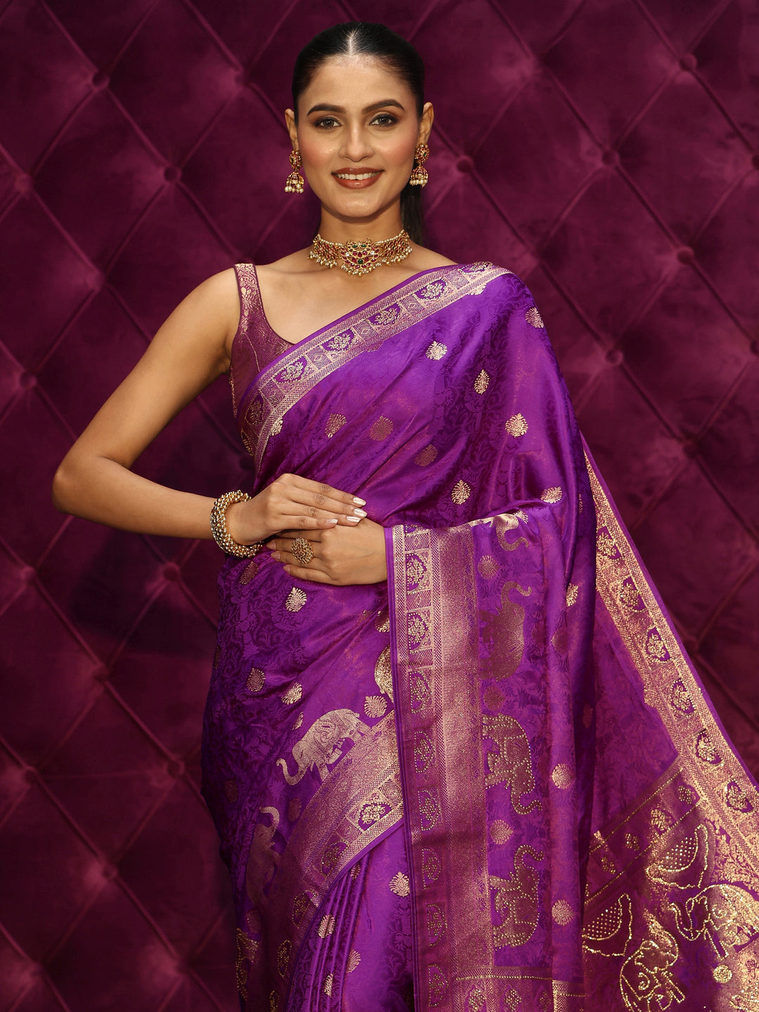 Libas Purple Elephant Woven Design Satin Saree
