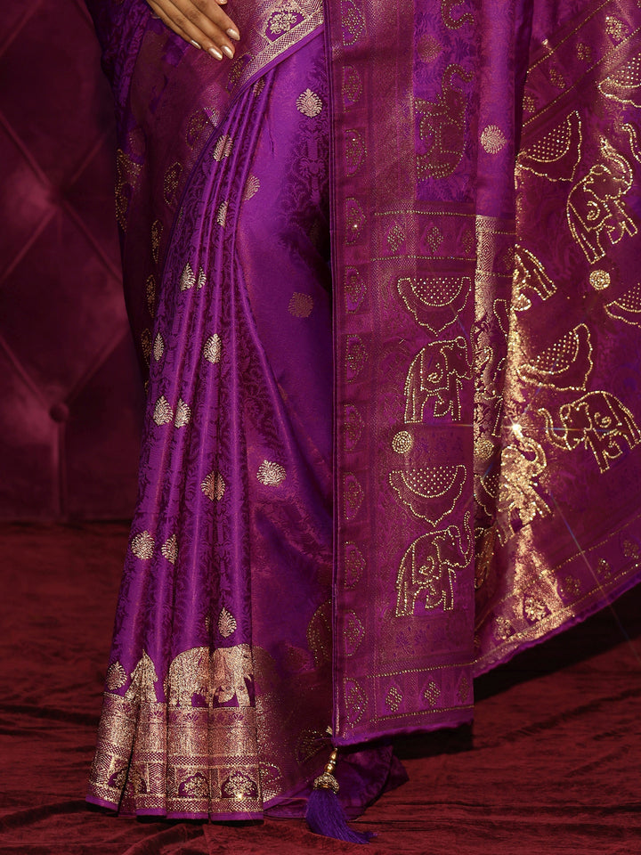 Libas Purple Elephant Woven Design Satin Saree