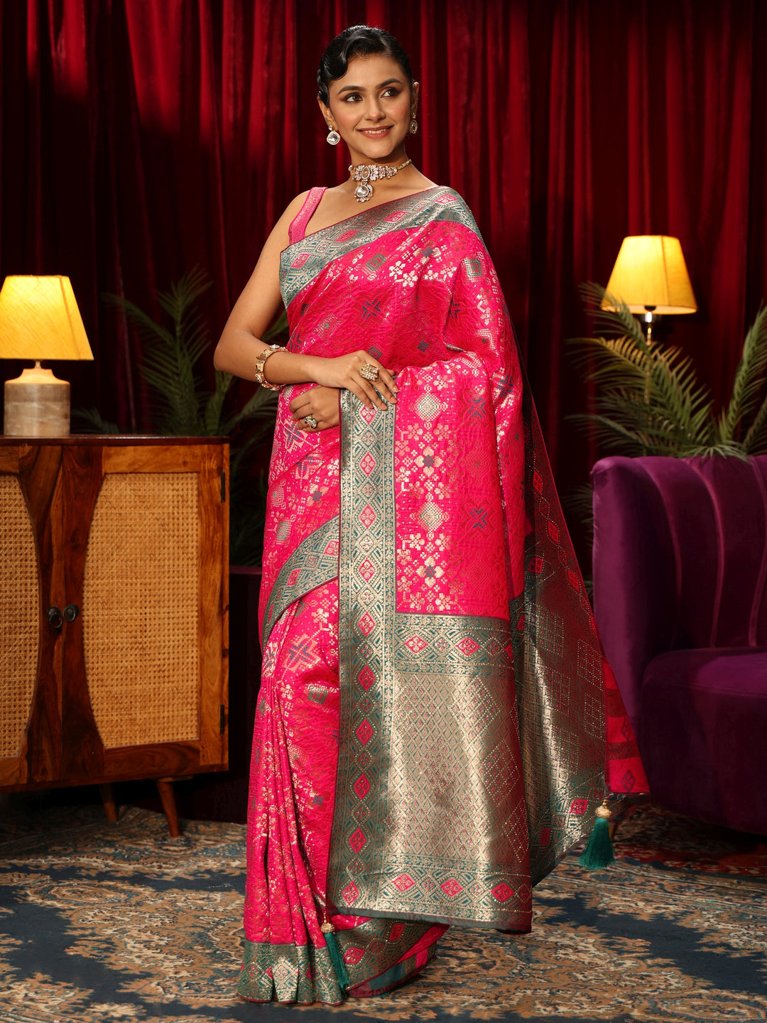 Libas Hot Pink Woven Design Embellished Silk Blend Patola Saree