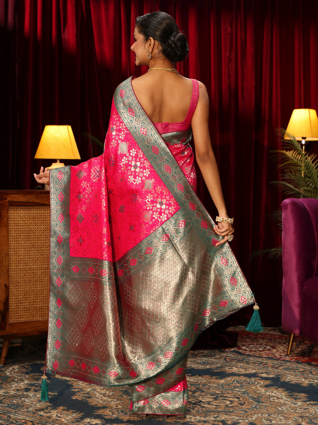 Libas Hot Pink Woven Design Embellished Silk Blend Patola Saree
