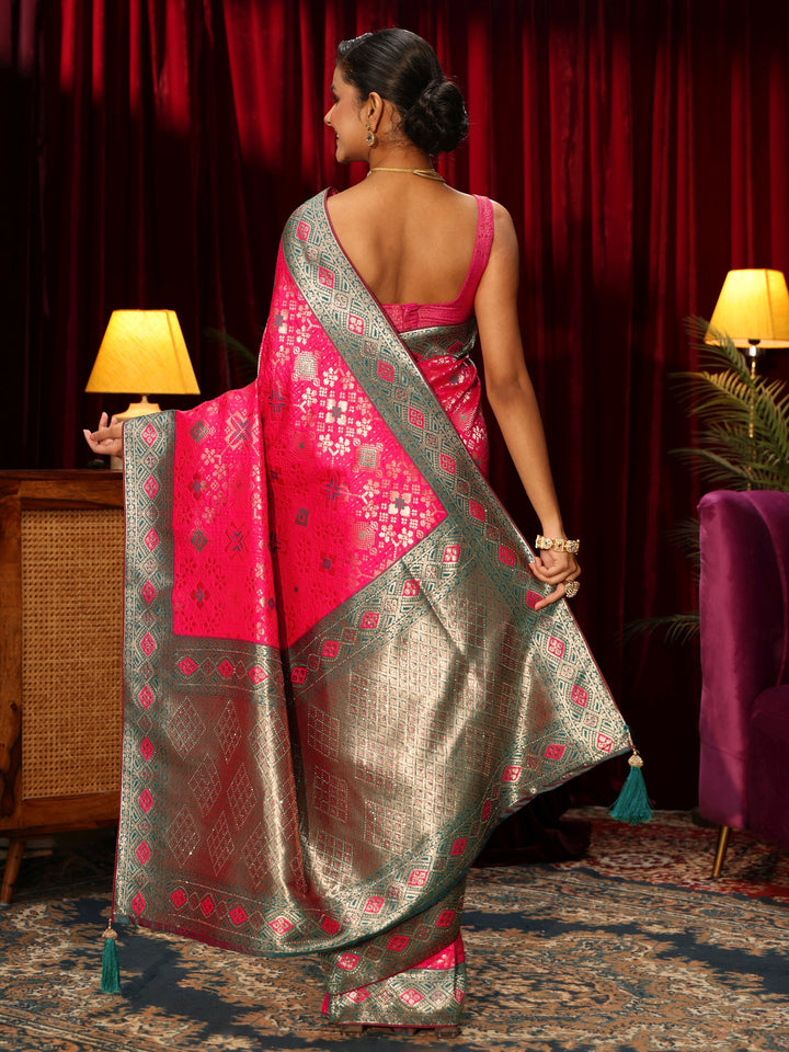 Libas Hot Pink Woven Design Embellished Silk Blend Patola Saree