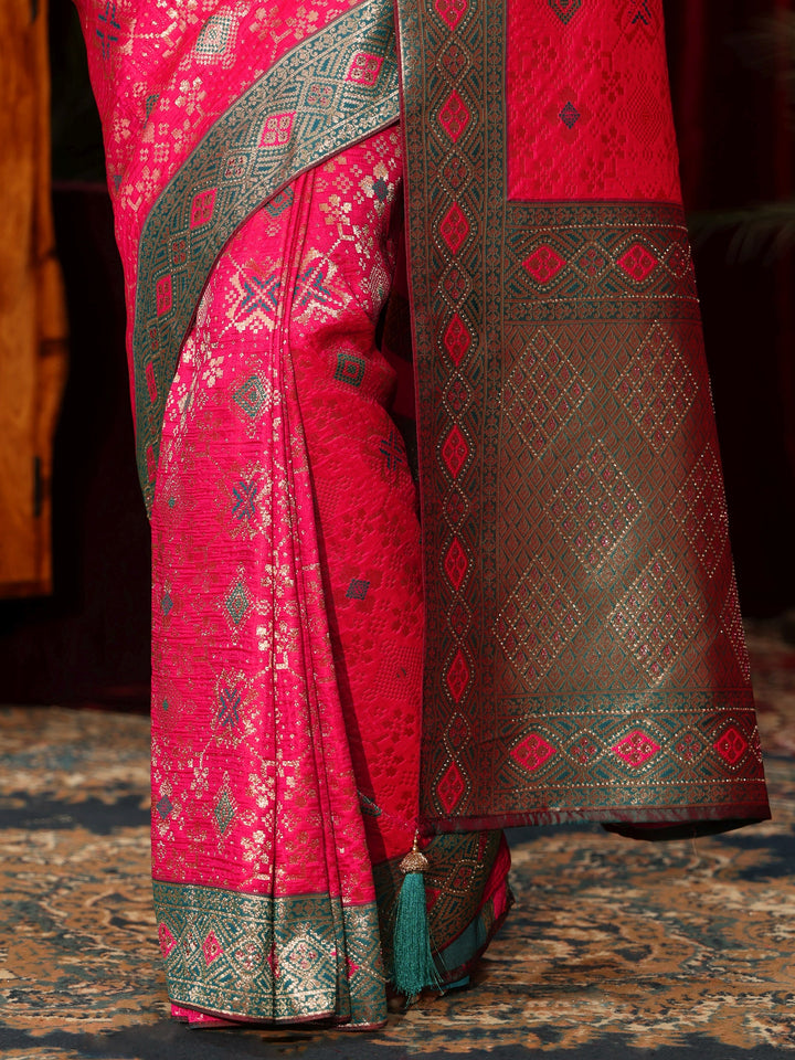 Libas Hot Pink Woven Design Embellished Silk Blend Patola Saree