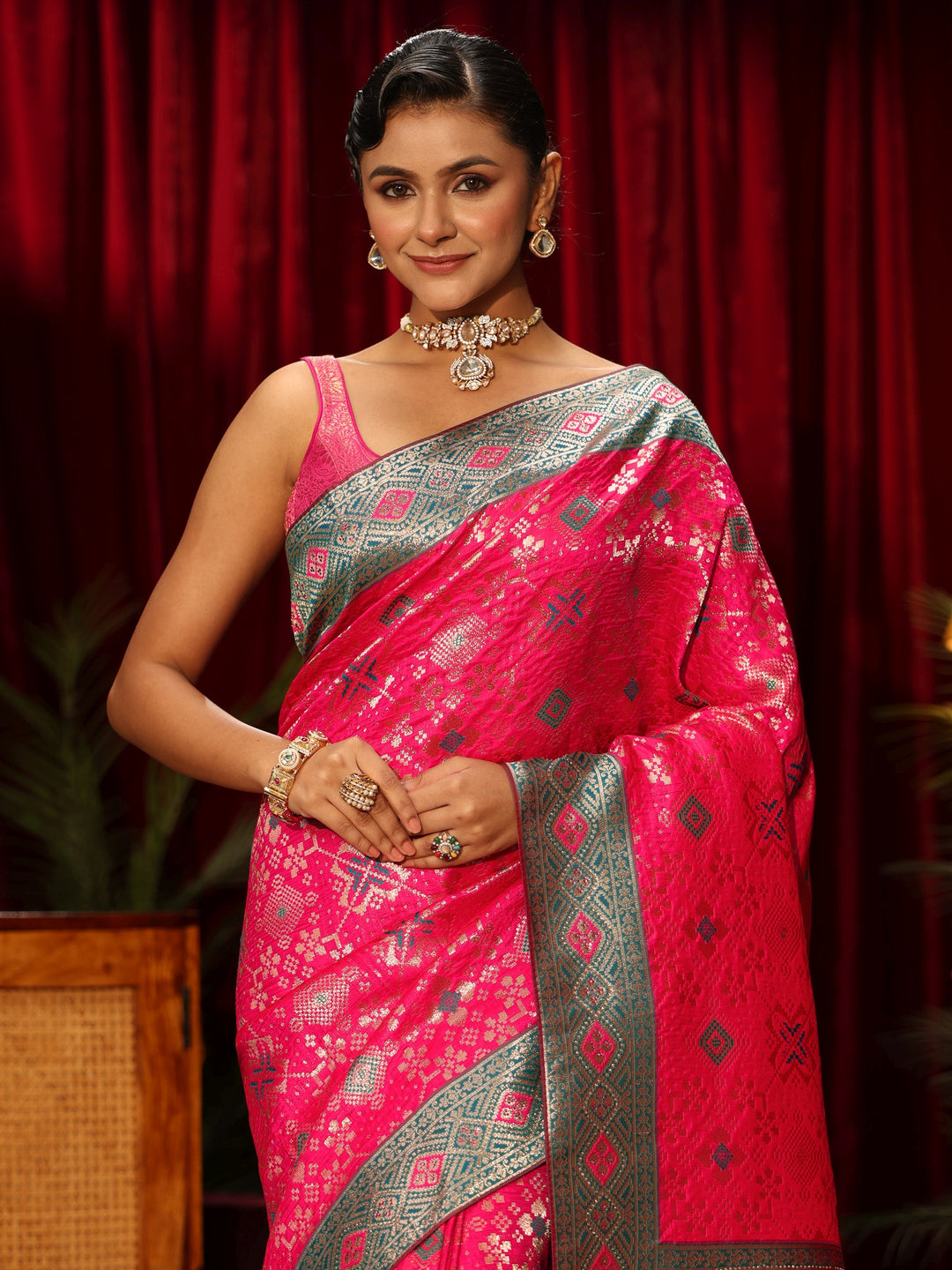 Libas Hot Pink Woven Design Embellished Silk Blend Patola Saree