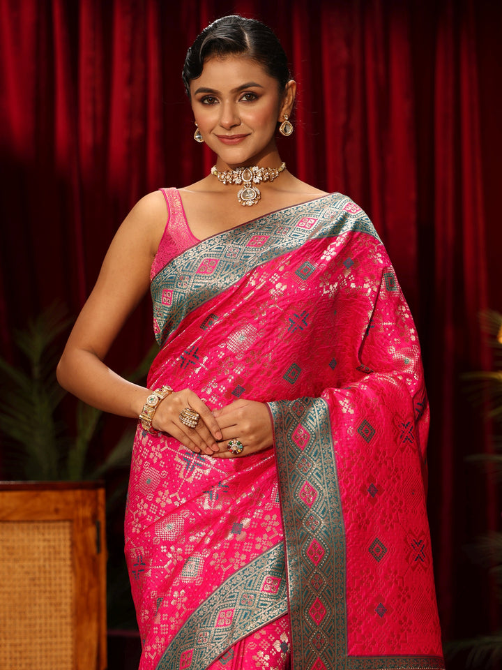 Libas Hot Pink Woven Design Embellished Silk Blend Patola Saree