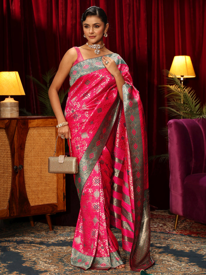 Libas Hot Pink Woven Design Embellished Silk Blend Patola Saree