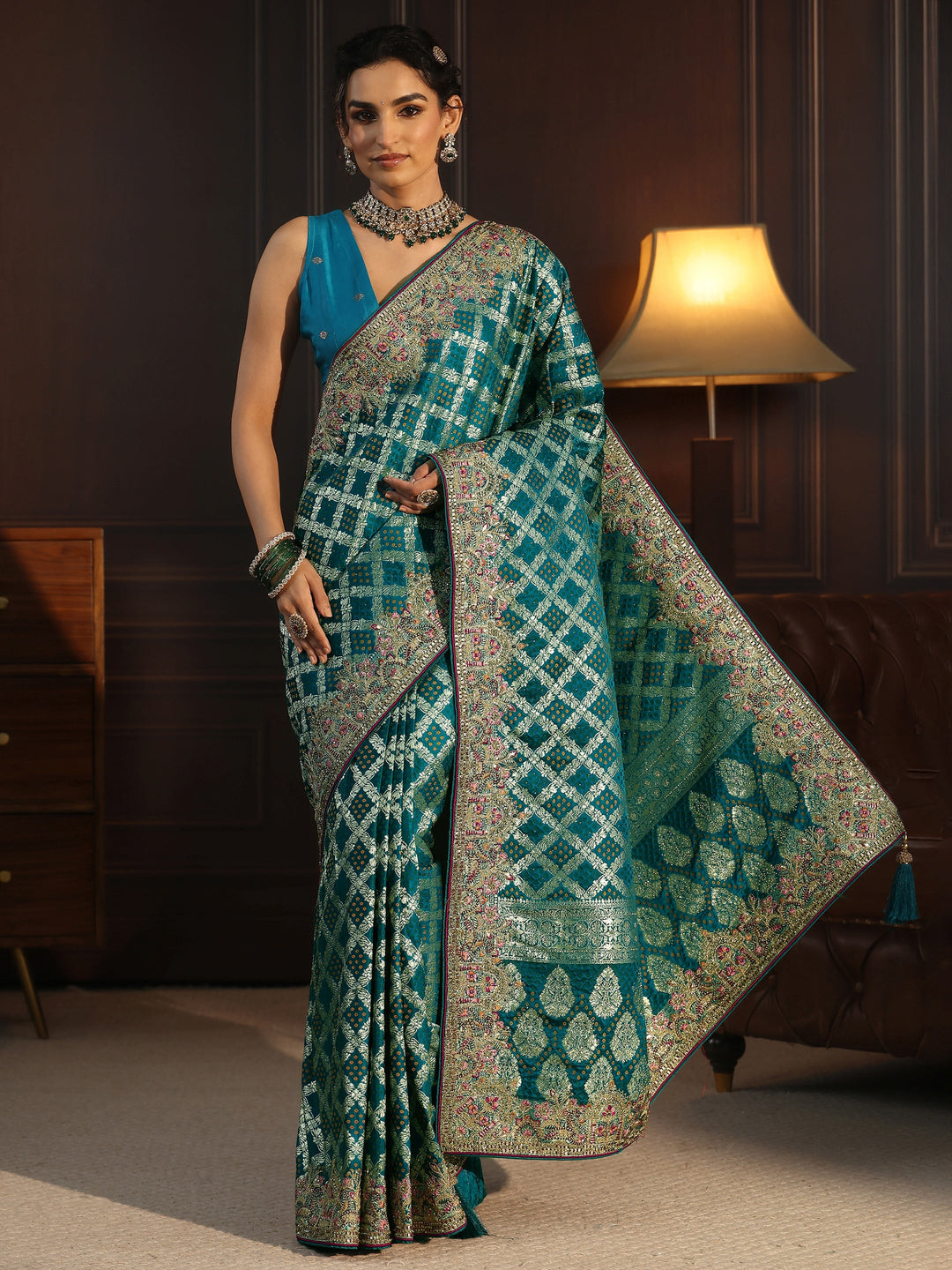 Libas Art Blue Woven Design Silk Blend Saree with Embroidered Border