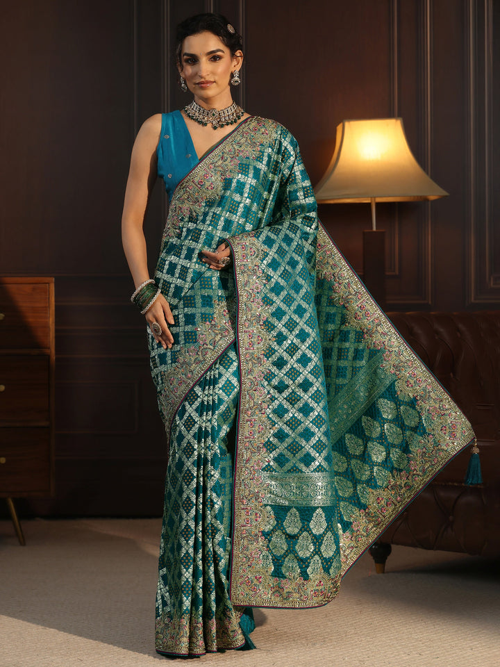 Libas Art Blue Woven Design Silk Blend Saree with Embroidered Border