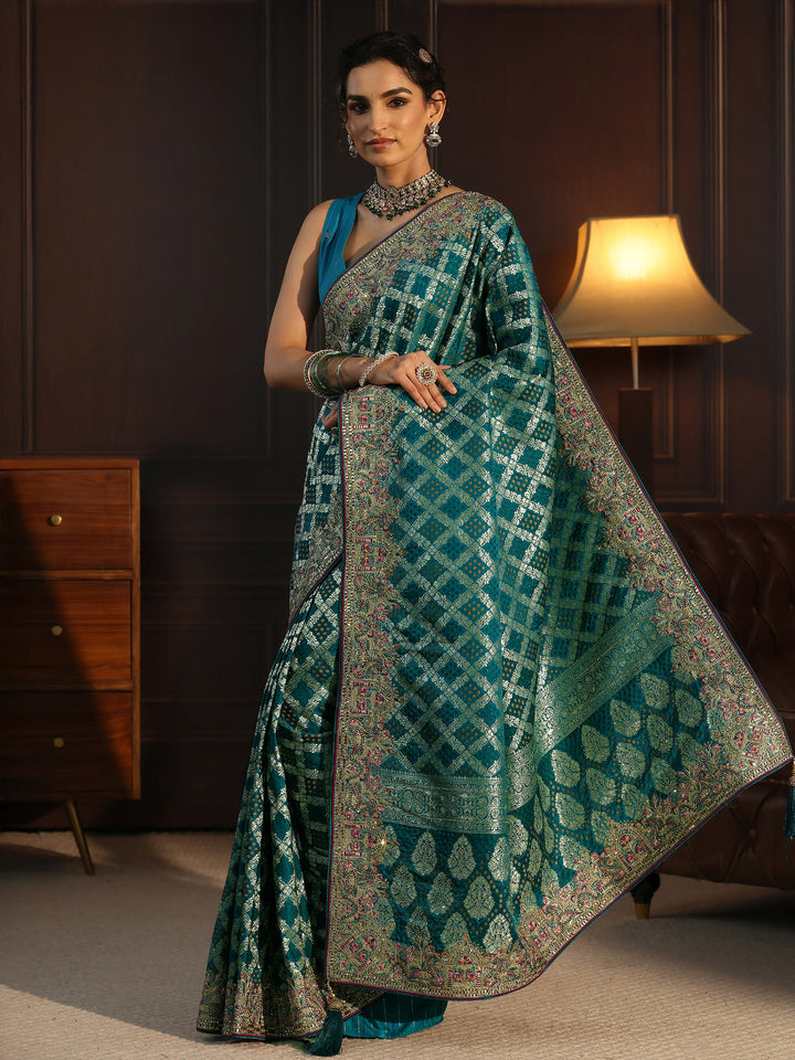 Libas Art Blue Woven Design Silk Blend Saree with Embroidered Border