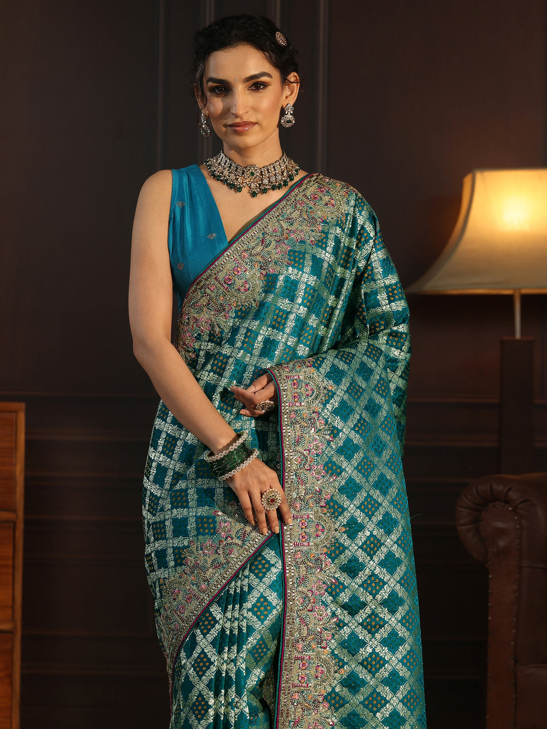 Libas Art Blue Woven Design Silk Blend Saree with Embroidered Border