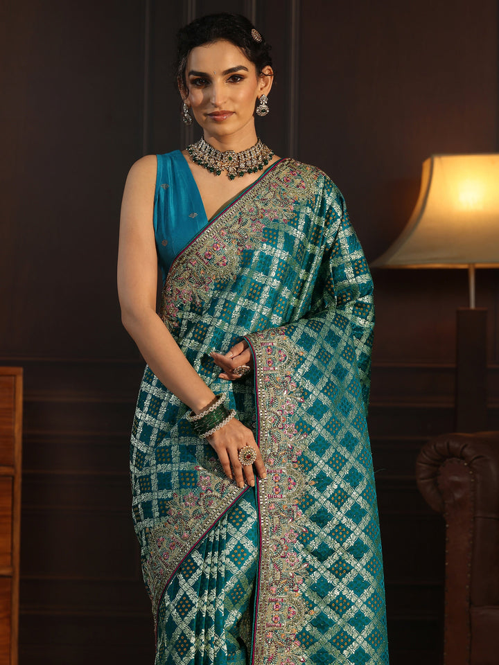 Libas Art Blue Woven Design Silk Blend Saree with Embroidered Border