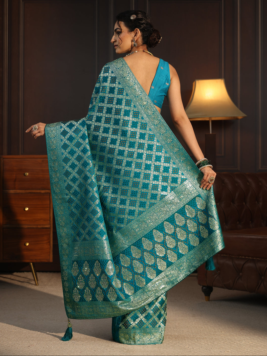 Libas Art Blue Woven Design Silk Blend Saree with Embroidered Border