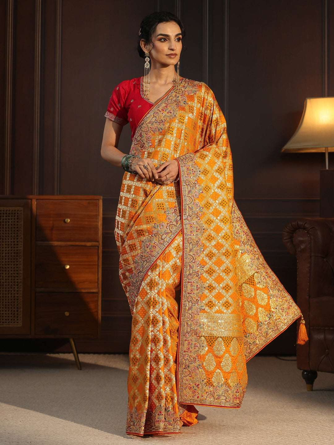 Libas Art Mustard Woven Design Silk Blend Saree with Embroidered Border