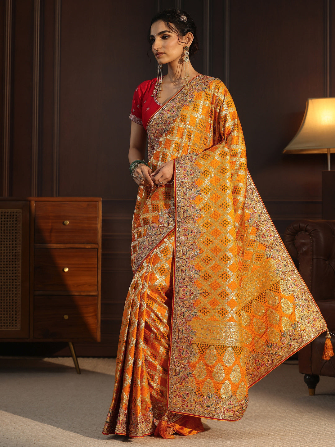 Libas Art Mustard Woven Design Silk Blend Saree with Embroidered Border