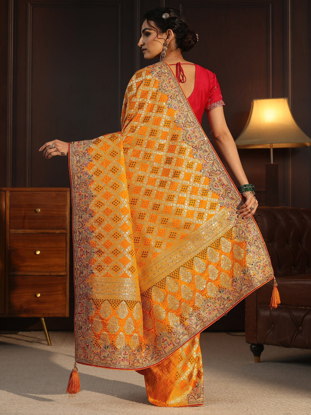 Libas Art Mustard Woven Design Silk Blend Saree with Embroidered Border