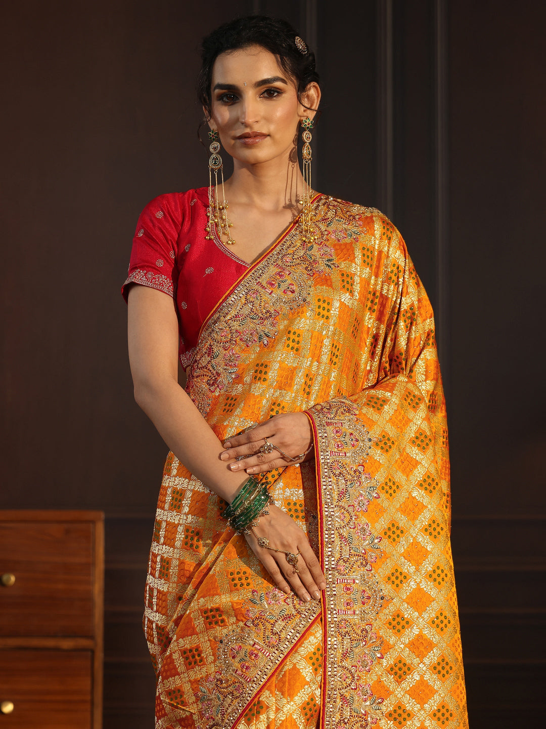 Libas Art Mustard Woven Design Silk Blend Saree with Embroidered Border