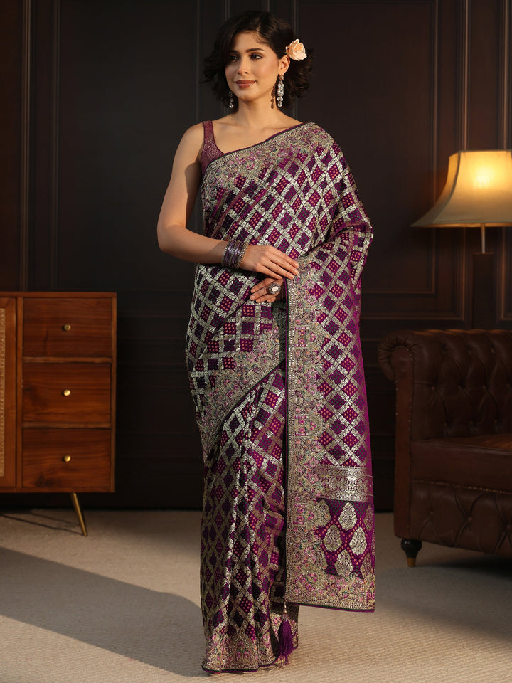 Libas Art Maroon Woven Design Silk Blend Saree with Embroidered Border