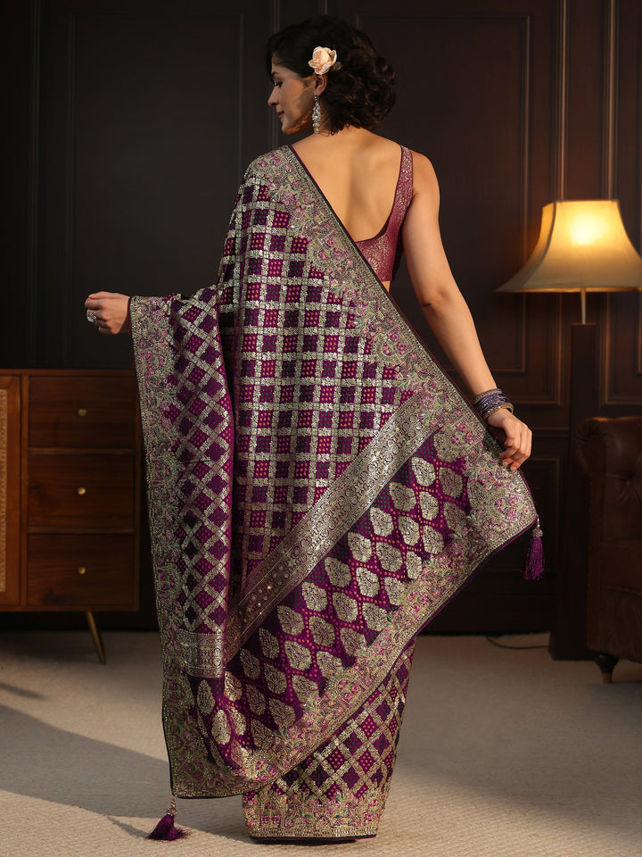 Libas Art Maroon Woven Design Silk Blend Saree with Embroidered Border