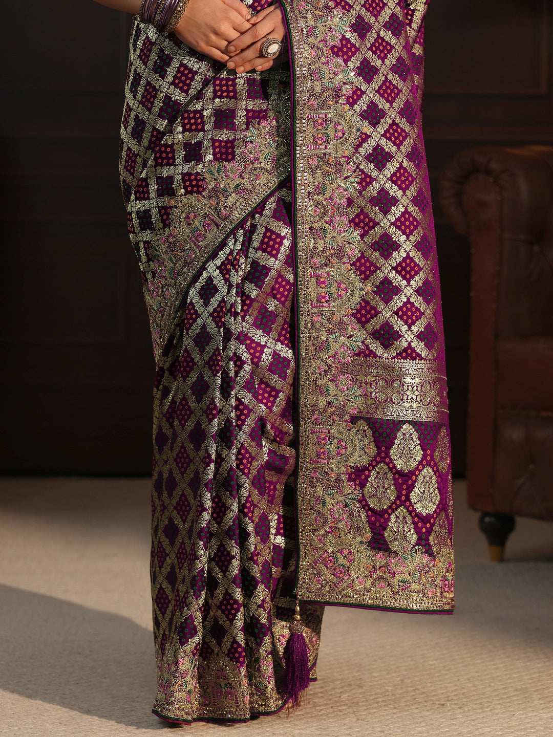 Libas Art Maroon Woven Design Silk Blend Saree with Embroidered Border