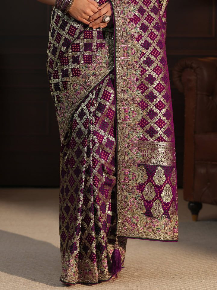 Libas Art Maroon Woven Design Silk Blend Saree with Embroidered Border