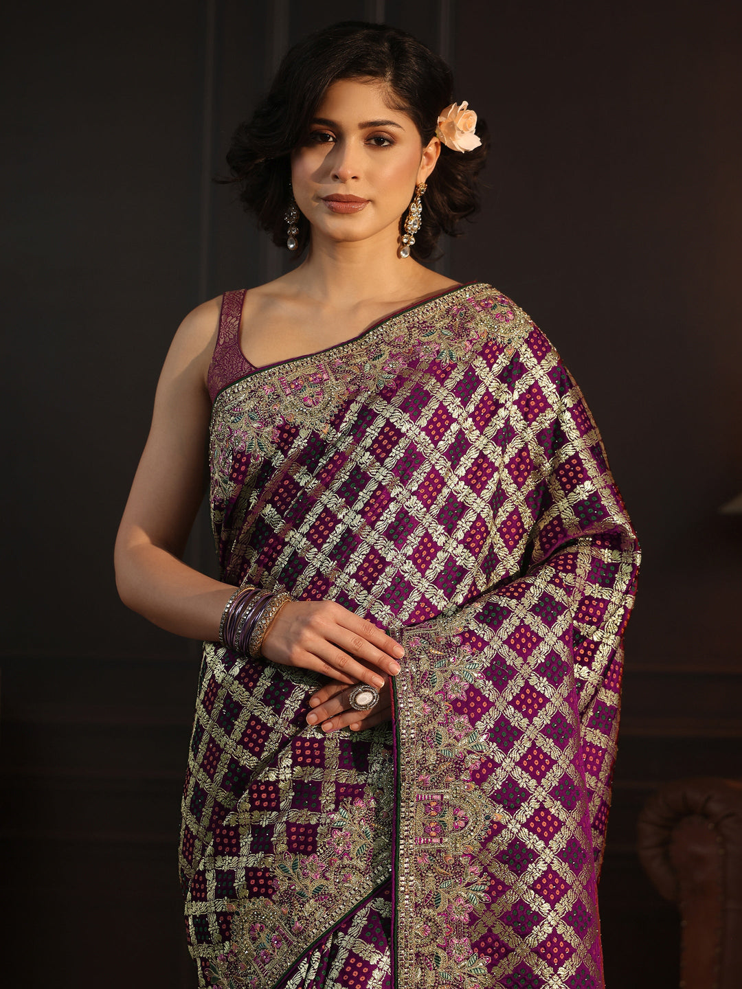 Libas Art Maroon Woven Design Silk Blend Saree with Embroidered Border