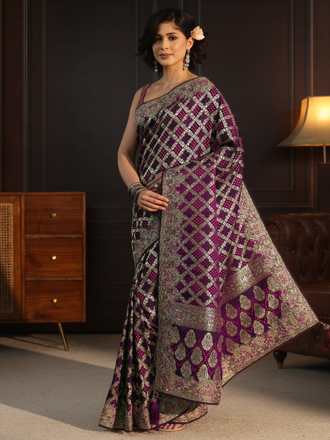 Libas Art Maroon Woven Design Silk Blend Saree with Embroidered Border